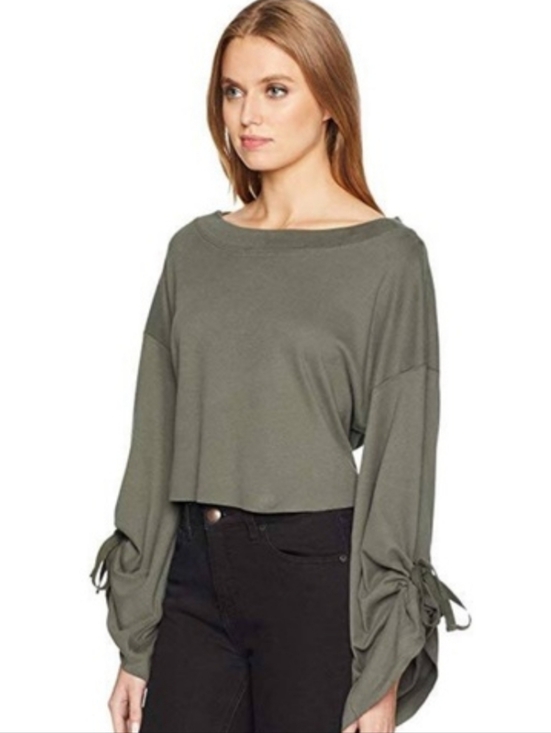 Free People Tops - Free People Holala Cropped Tie-Sleeve Sweatshirt Oversized Green Size XS